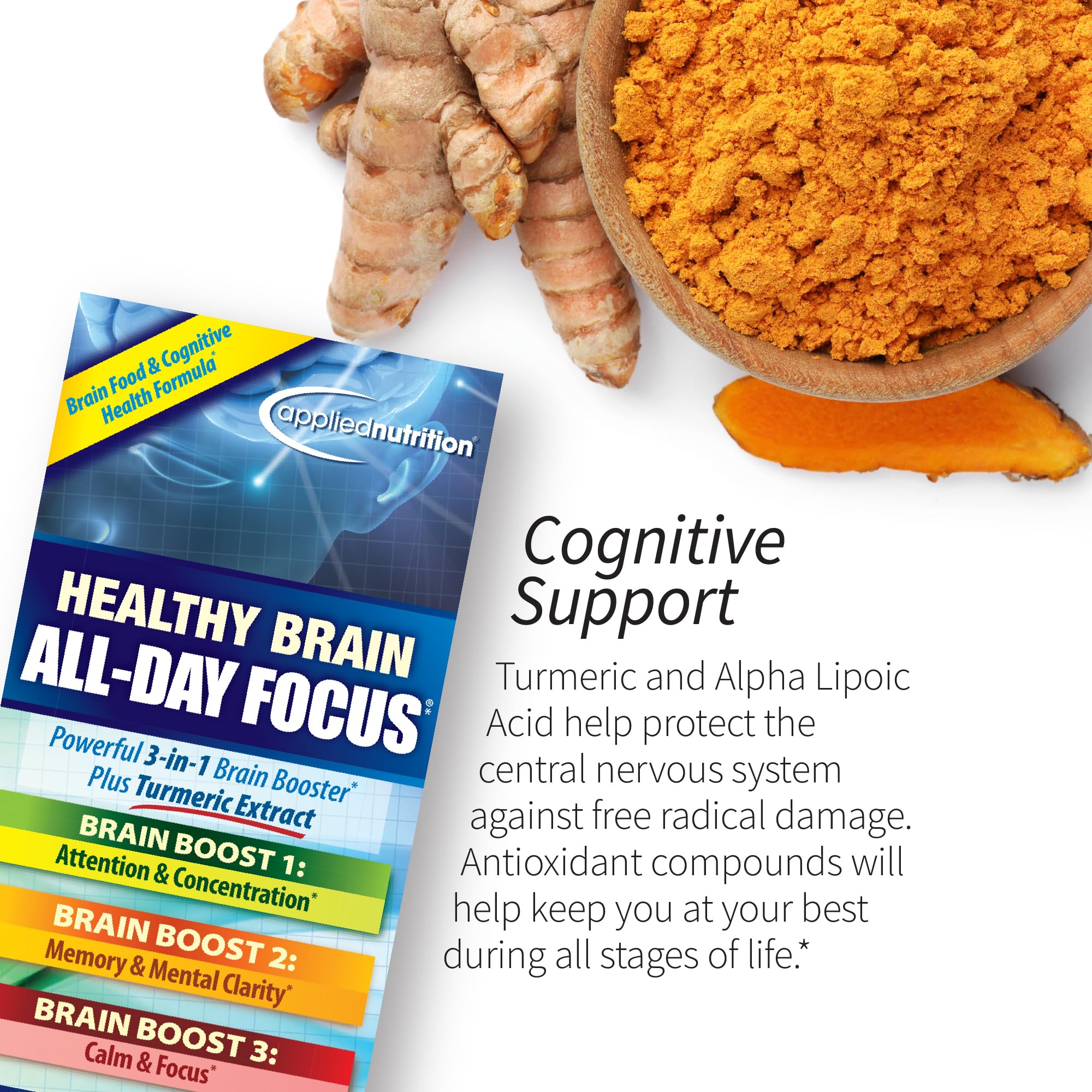 Applied Nutrition Healthy Brain All-Day Focus packaging box for convenient use
