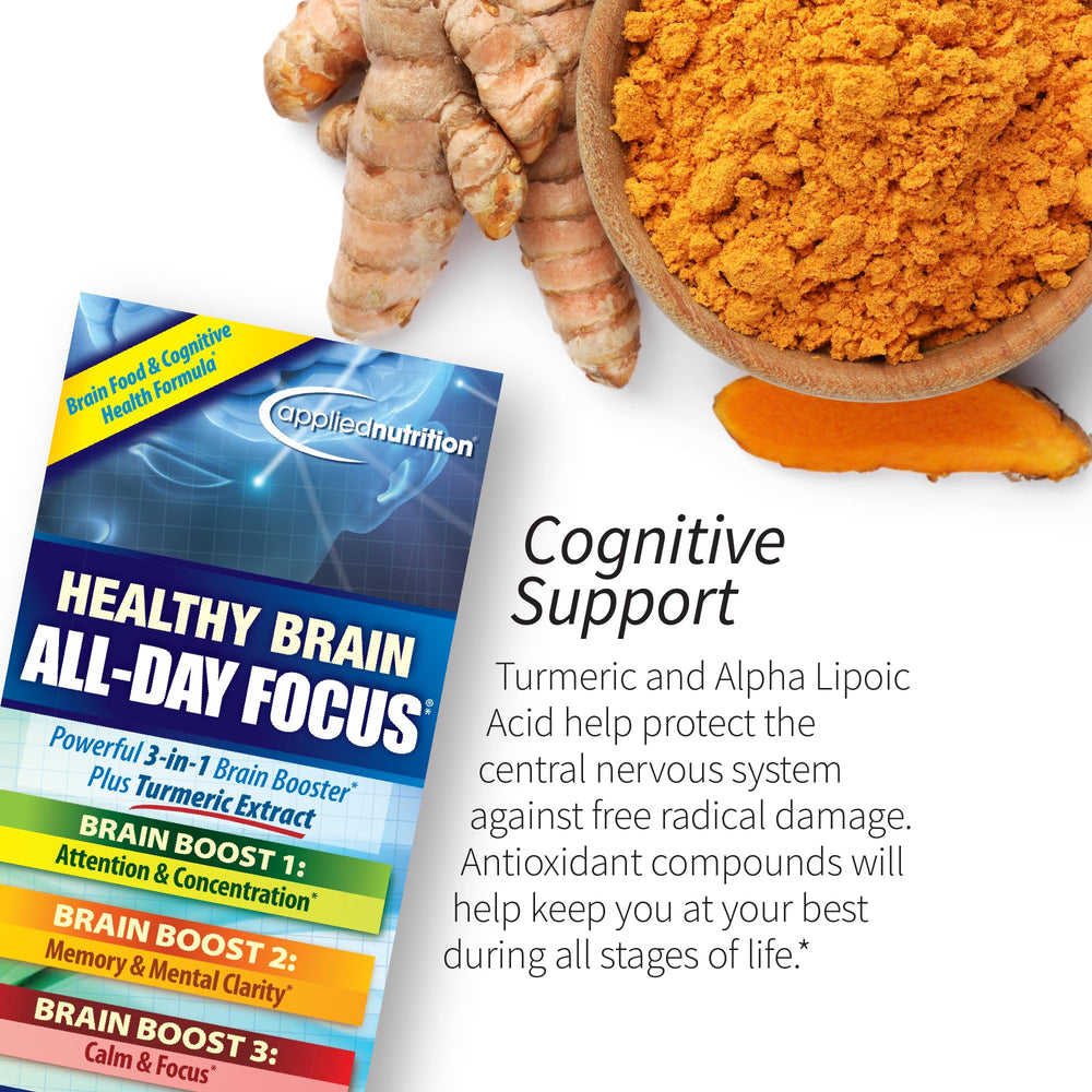 Applied Nutrition Healthy Brain All-Day Focus packaging box for convenient use