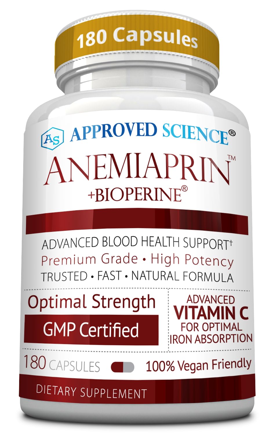 Approved Science Anemiaprin bottle with capsules showing gentle iron for stomach comfort.