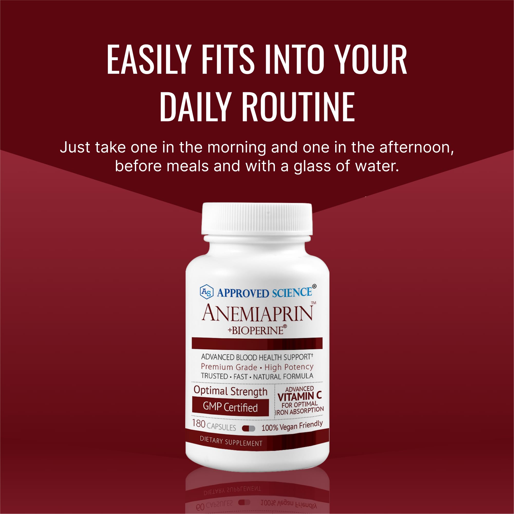 Approved Science Anemiaprin full bottle on wooden surface conveying quality and trust.