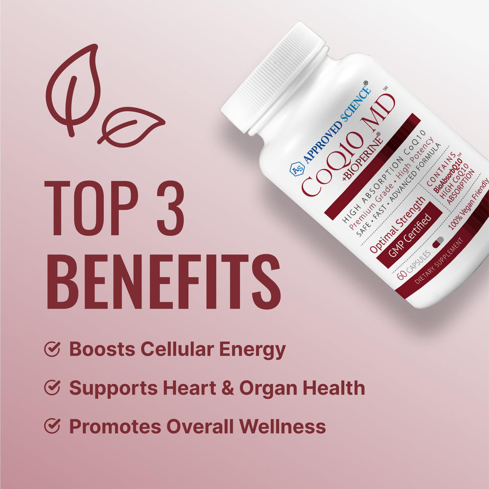 Approved Science CoQ10 MD bottle and Bioperine focus indicating enhanced absorption.