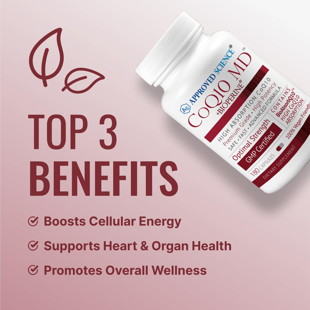 Approved Science CoQ10 MD bottle label shows vegan, non-GMO transparency.
