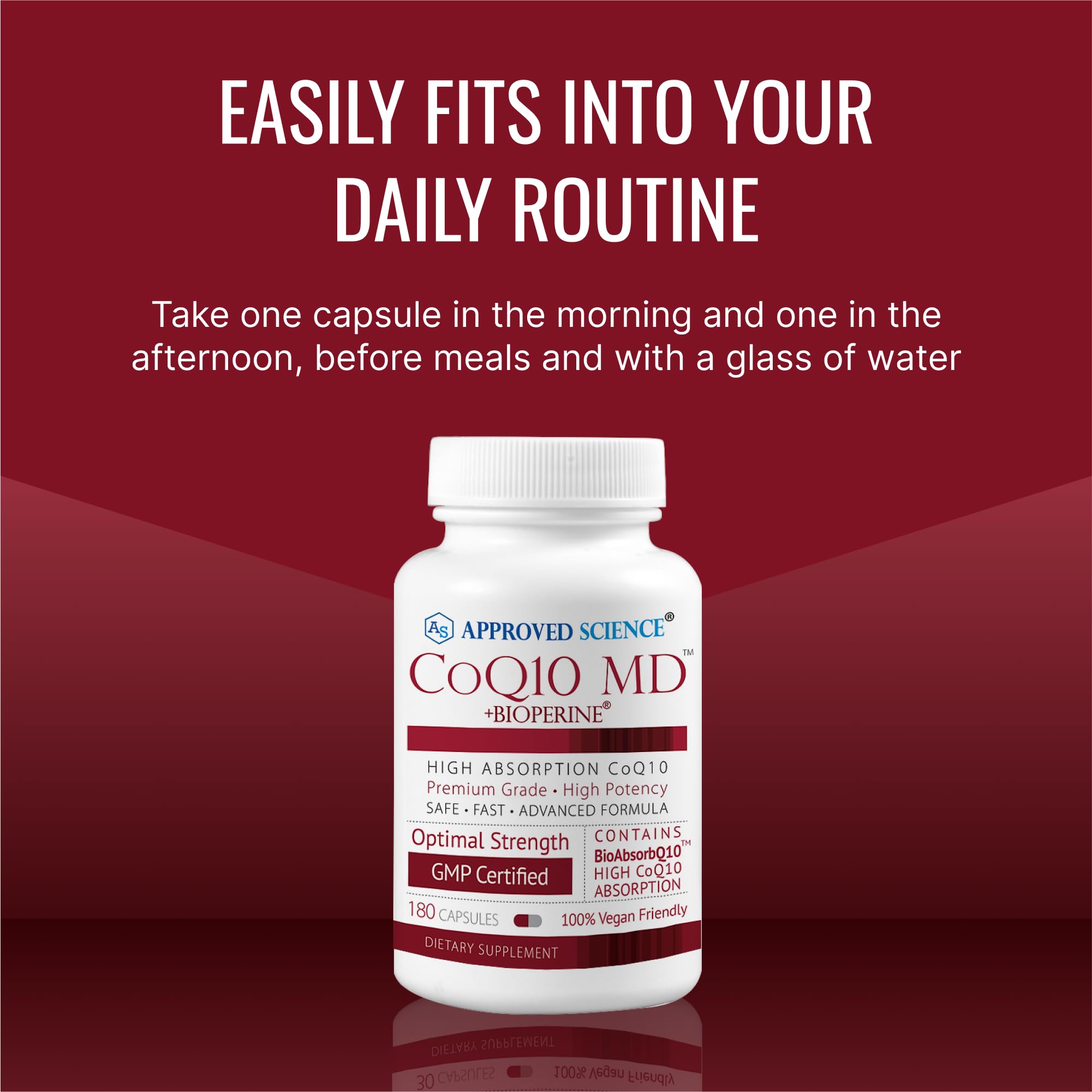 Approved Science CoQ10 MD packaging highlights a 3-month supply.