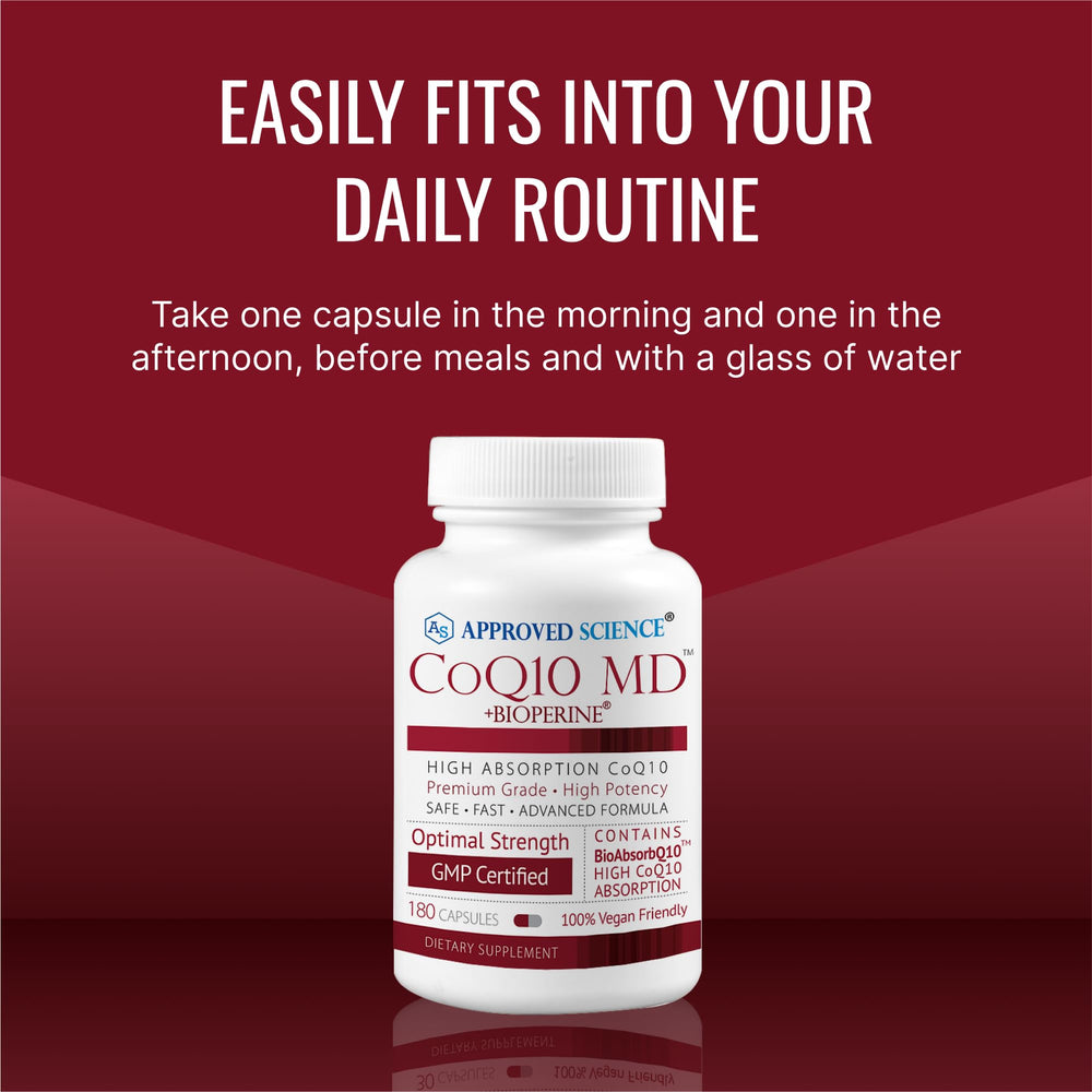 Approved Science CoQ10 MD packaging highlights a 3-month supply.