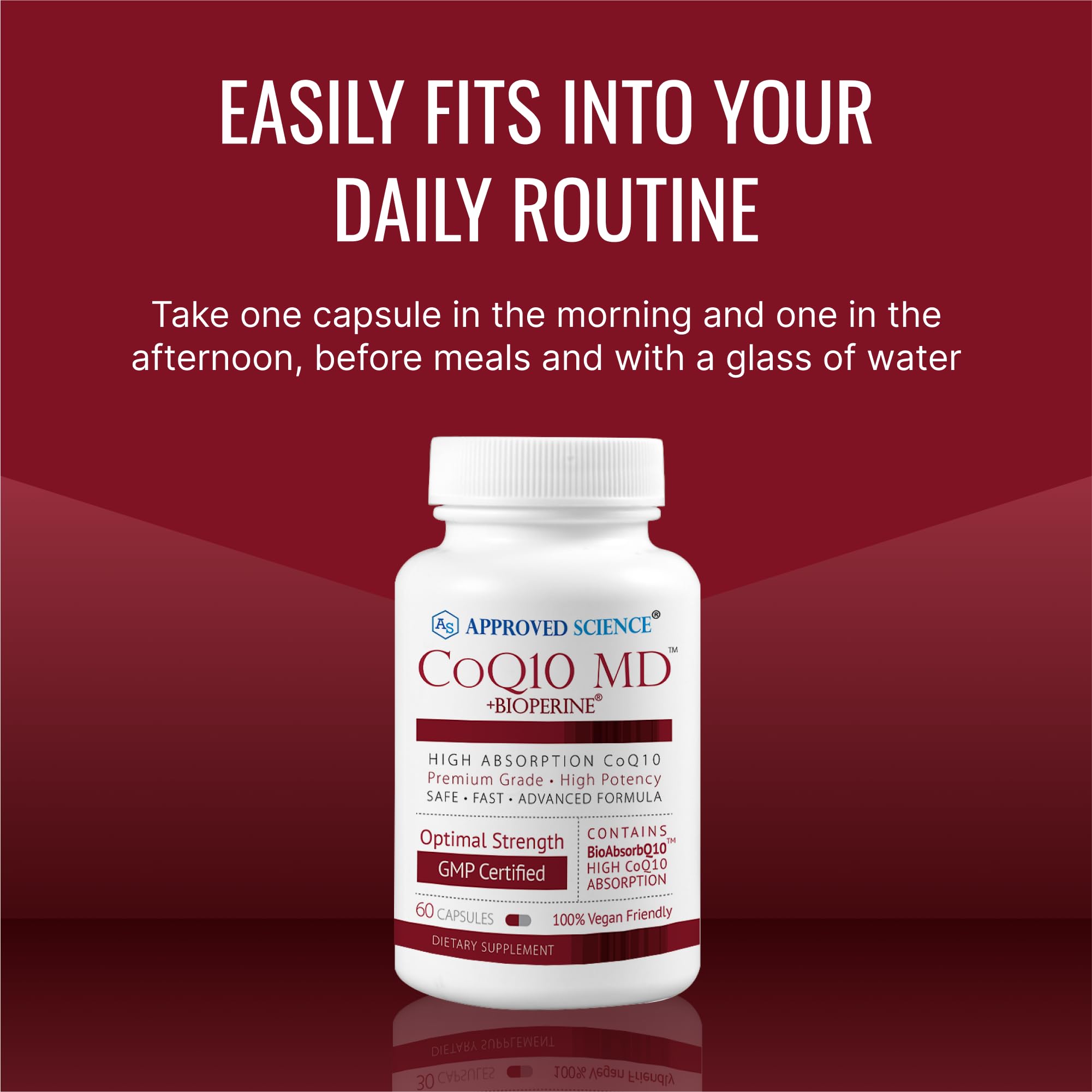 Approved Science CoQ10 MD vegan capsules ready for daily routine.