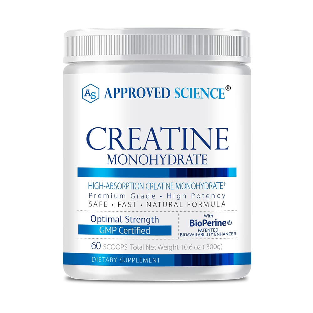 Approved Science Creatine Monohydrate bottle pour showing convenient post-workout use