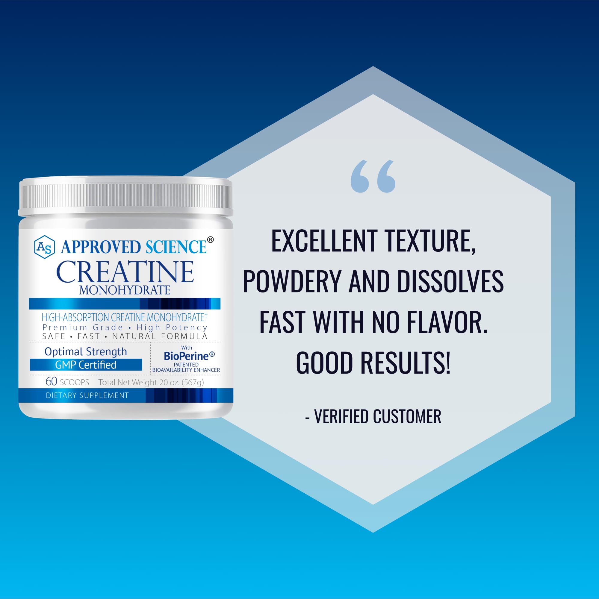 Approved Science Creatine Monohydrate vegan non-GMO certification on packaging