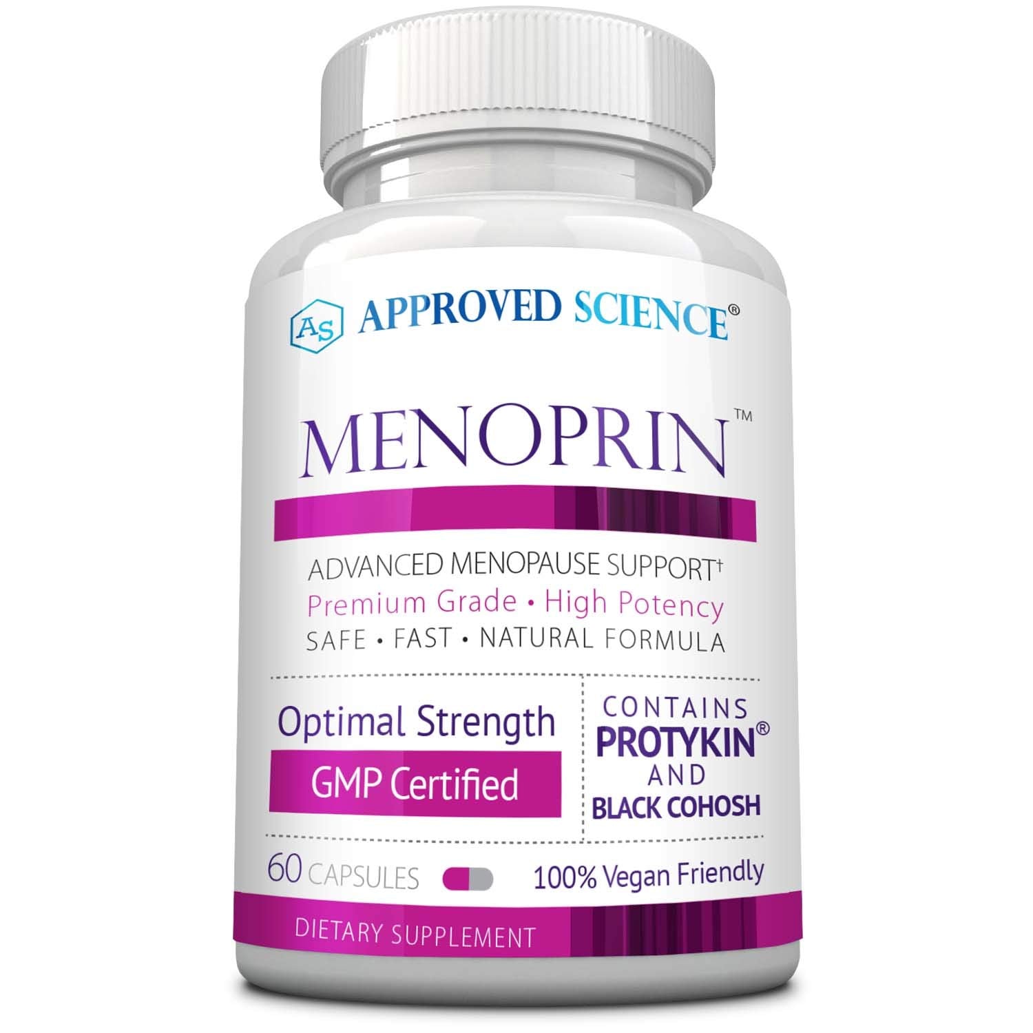 Approved Science Menoprin bottle front with vegan capsules for daily support