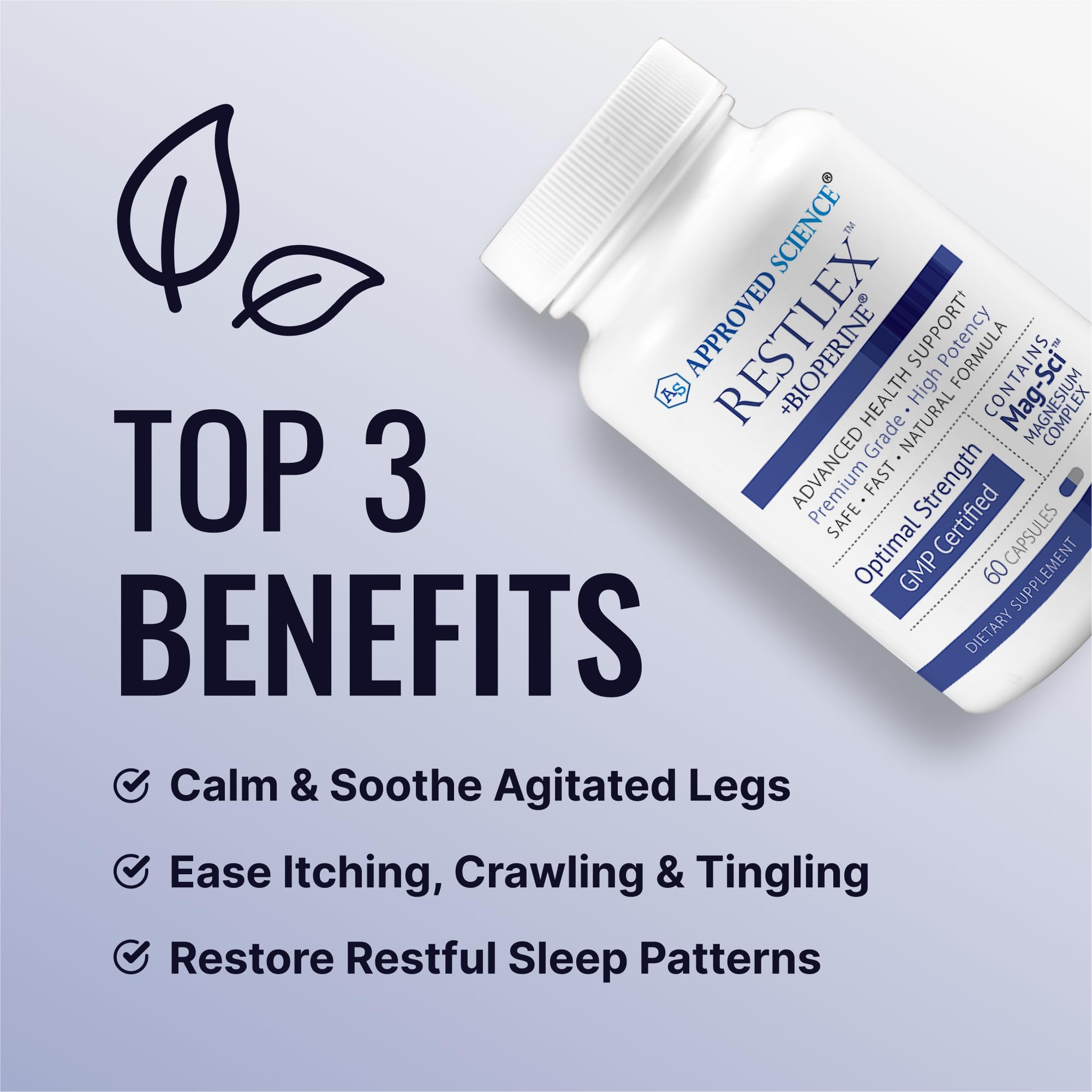 Approved Science Restlex capsules closeup featuring magnesium glycinate and L-theanine.
