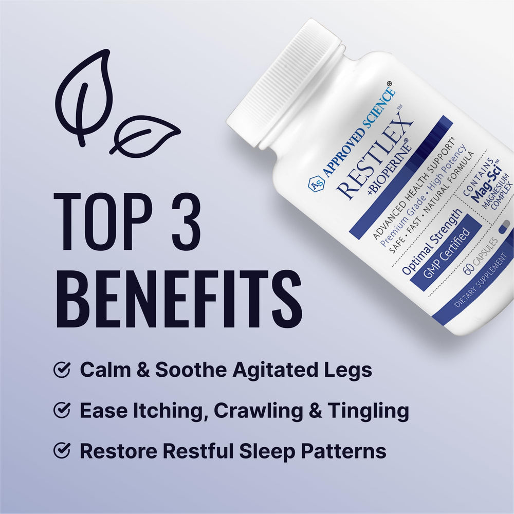 Approved Science Restlex capsules closeup featuring magnesium glycinate and L-theanine.