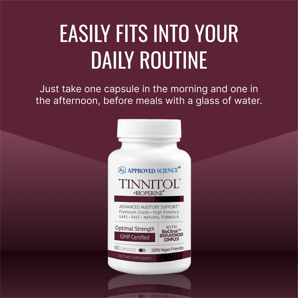 Approved Science Tinnitol bottle on countertop suggesting easy daily use.