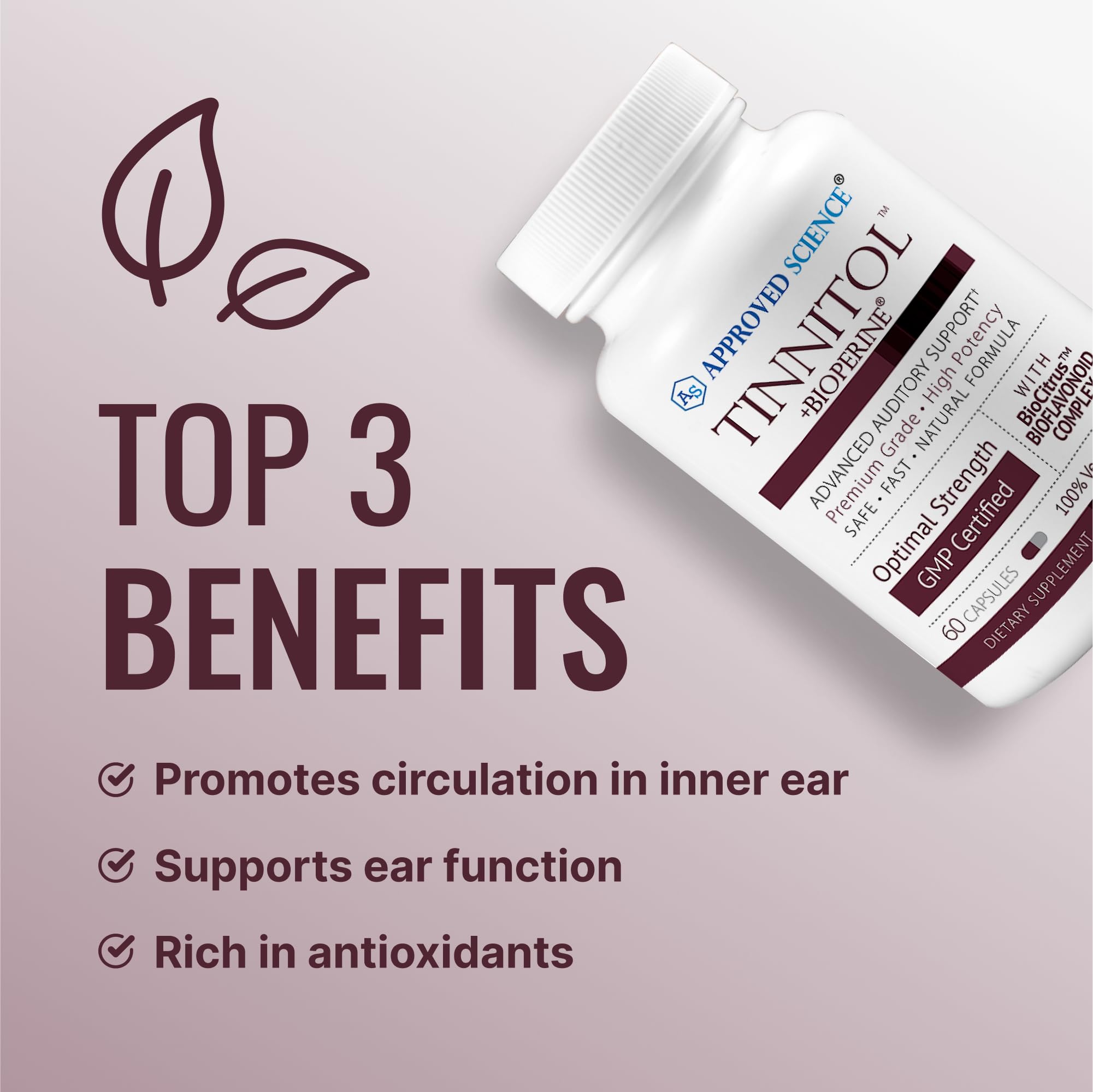 Approved Science Tinnitol capsules close-up illustrating convenient daily dosing.