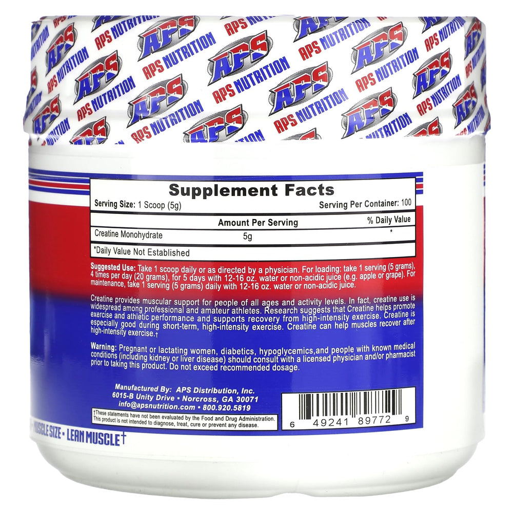 APS Nutrition Creatine Monohydrate powder scoop illustrates easy mixing for rapid ATP-ready energy.