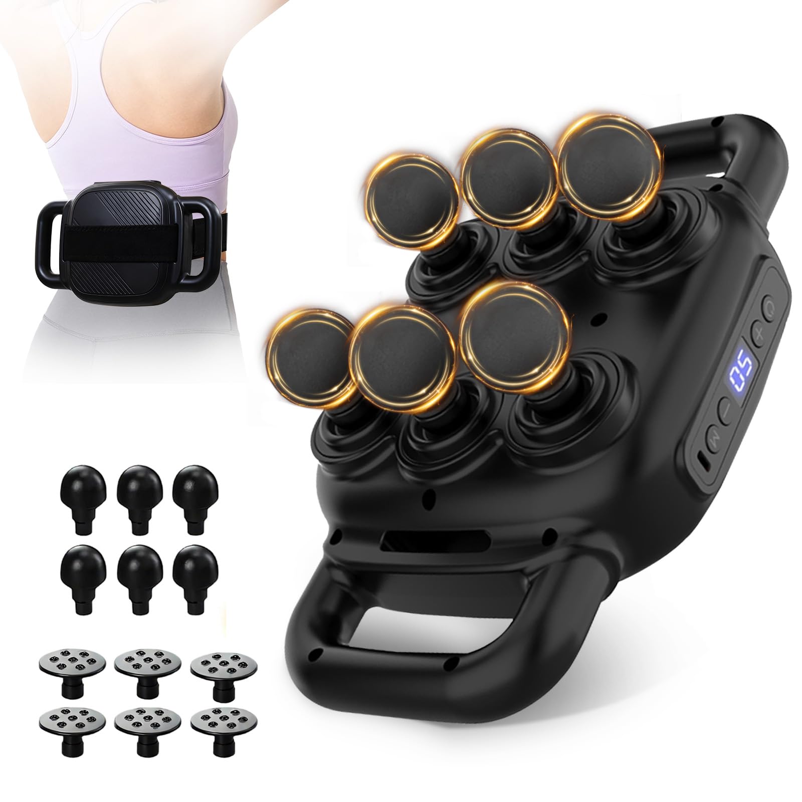 APXPF 6-head massage gun for versatile body relief across shoulders, back, and legs.