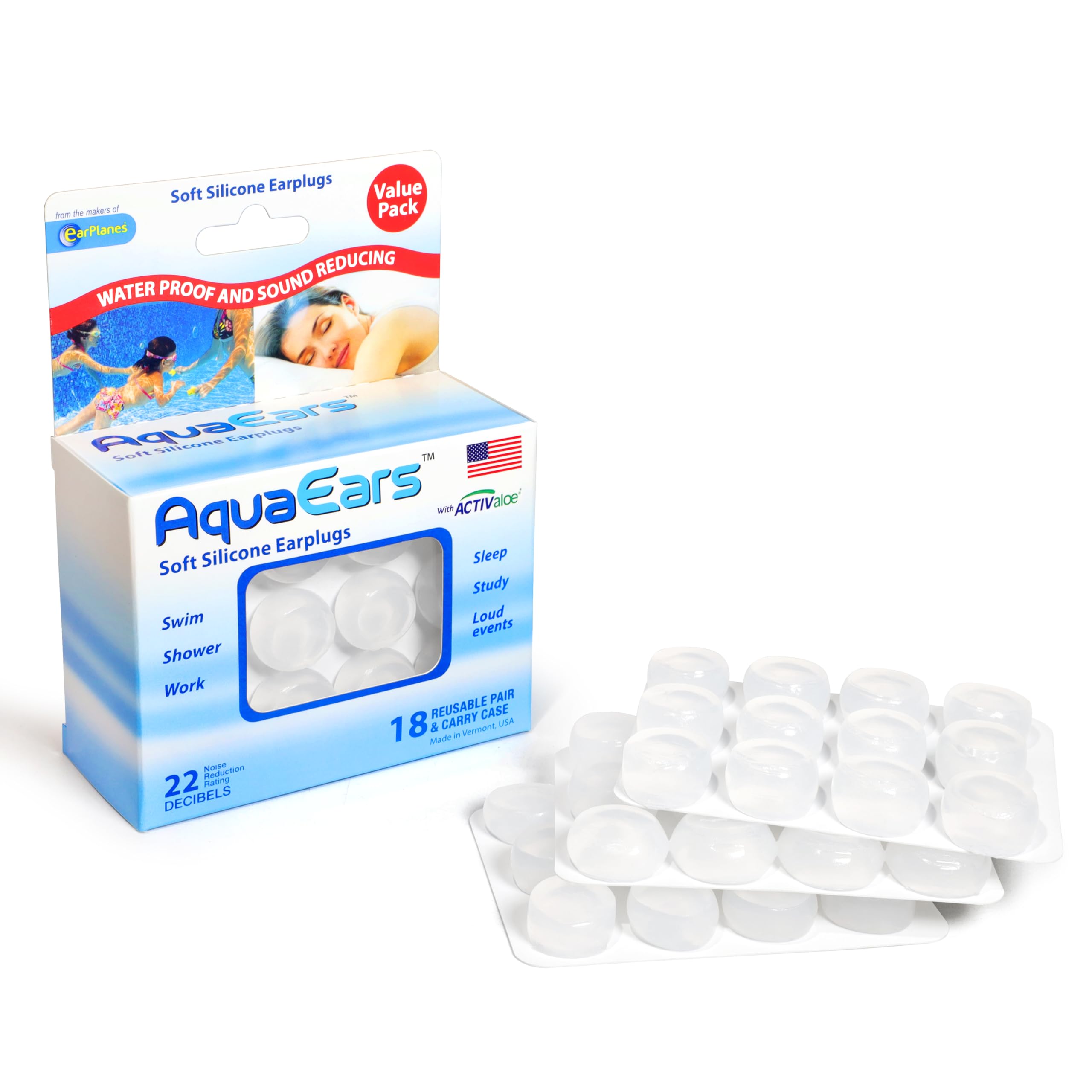Aqua Ears Soft Moldable Earplugs close-up, pliable silicone for a custom seal.