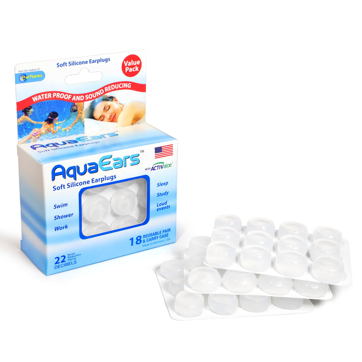 Aqua Ears Soft Moldable Earplugs close-up, pliable silicone for a custom seal.