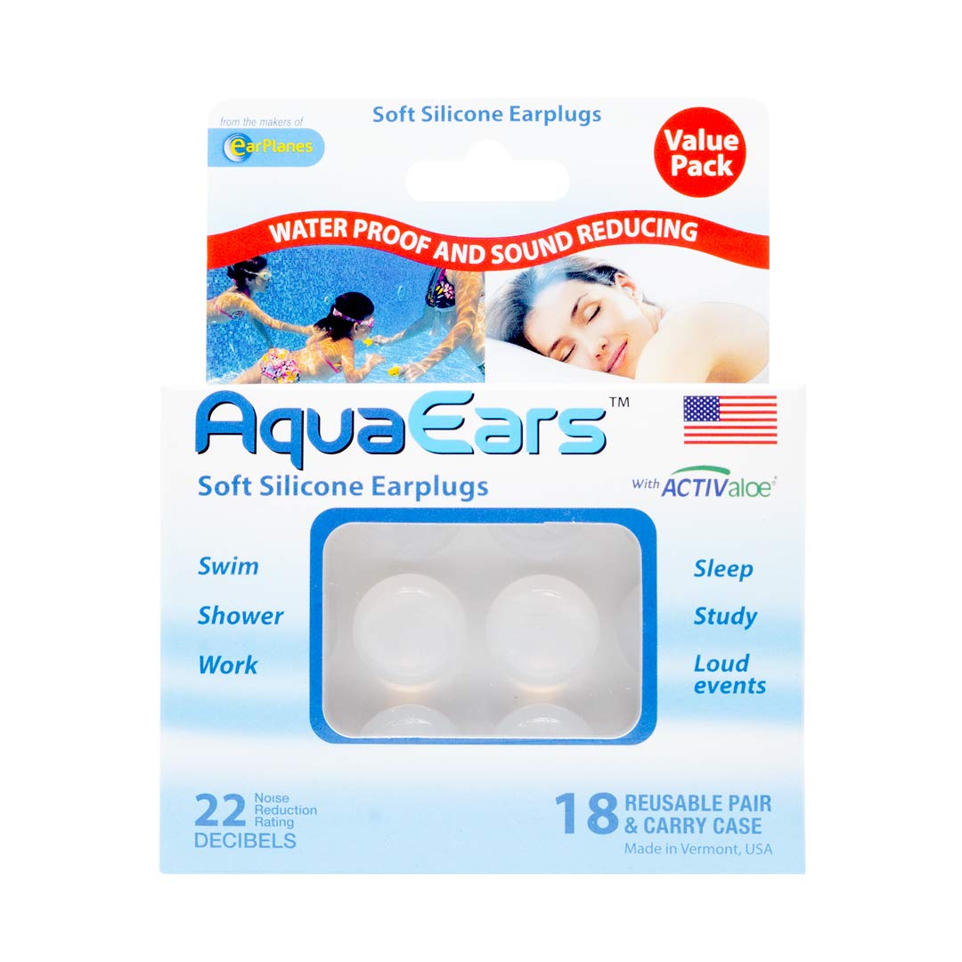 Aqua Ears earplugs worn during swimming, offering a comfortable, waterproof fit.