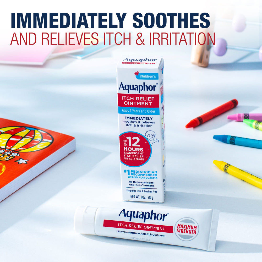 Label closeup of Aquaphor Children's Itch Relief Ointment for fragrance-free care.