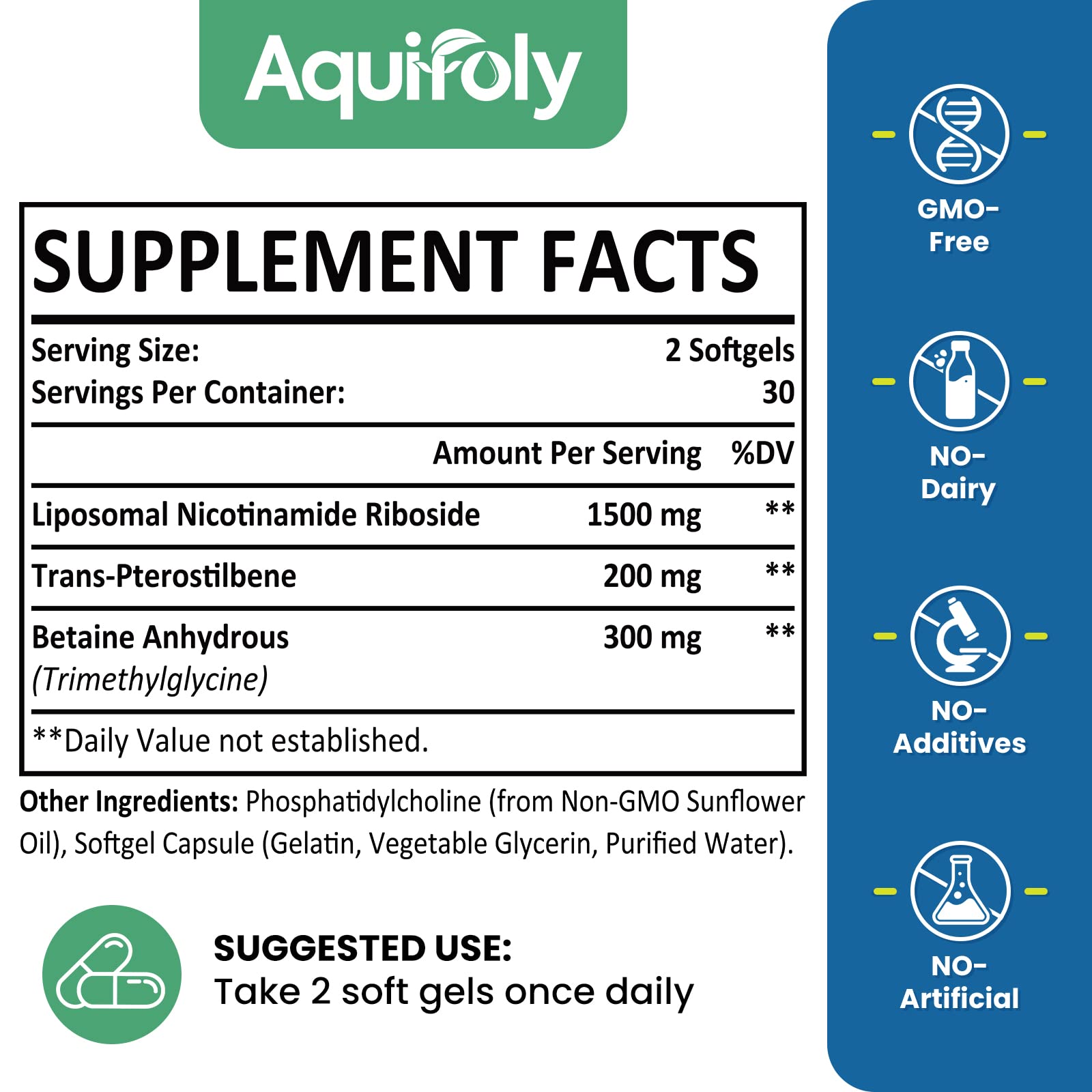 Aquifoly nicotinamide riboside liposome formula ingredients label emphasizing enhanced delivery