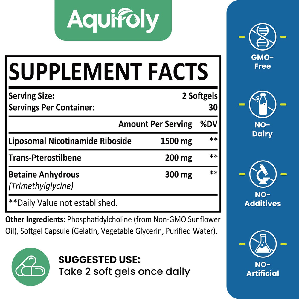 Aquifoly nicotinamide riboside liposome formula ingredients label emphasizing enhanced delivery