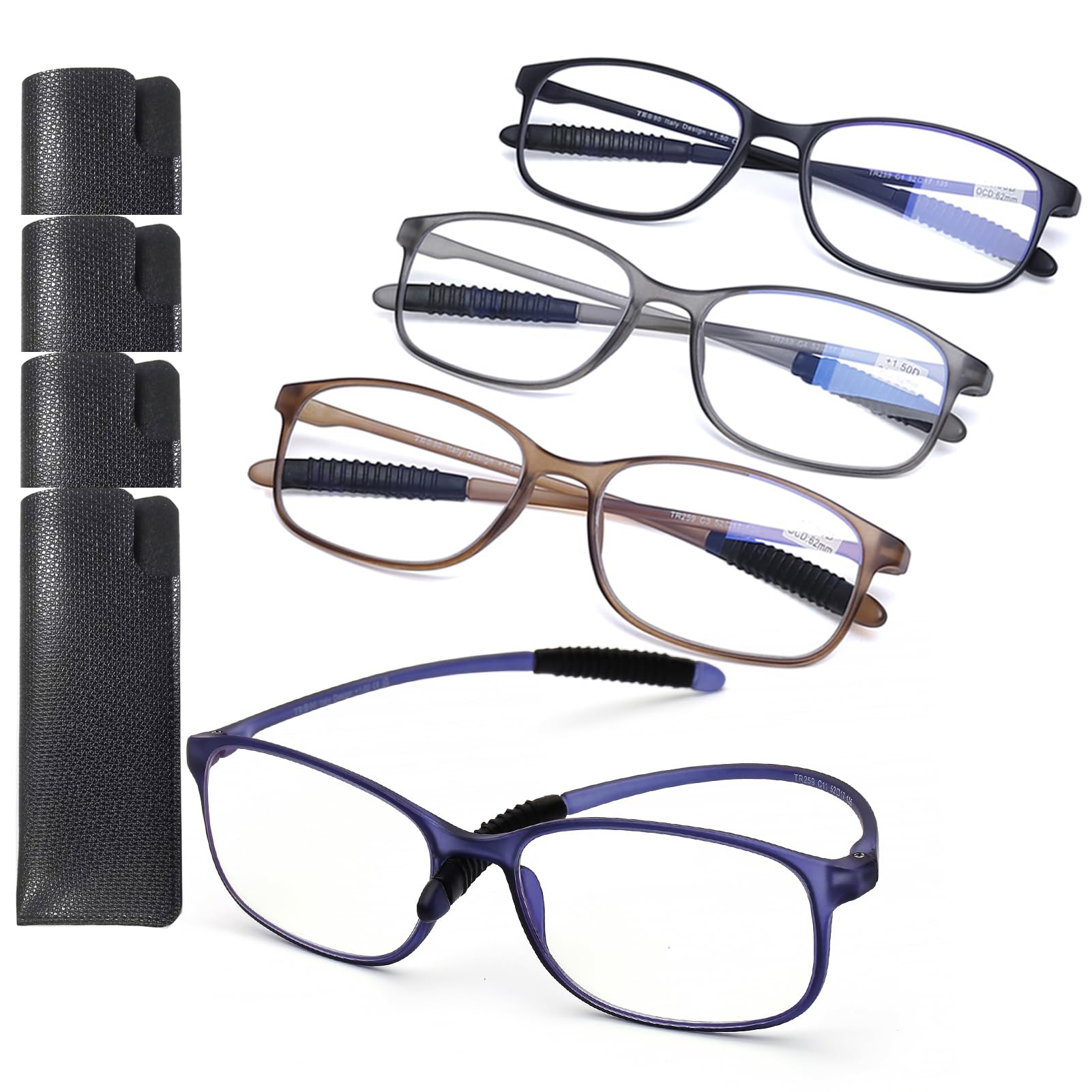 AQWANO 4-pack flexible reading glasses for desk, bag, and travel use.