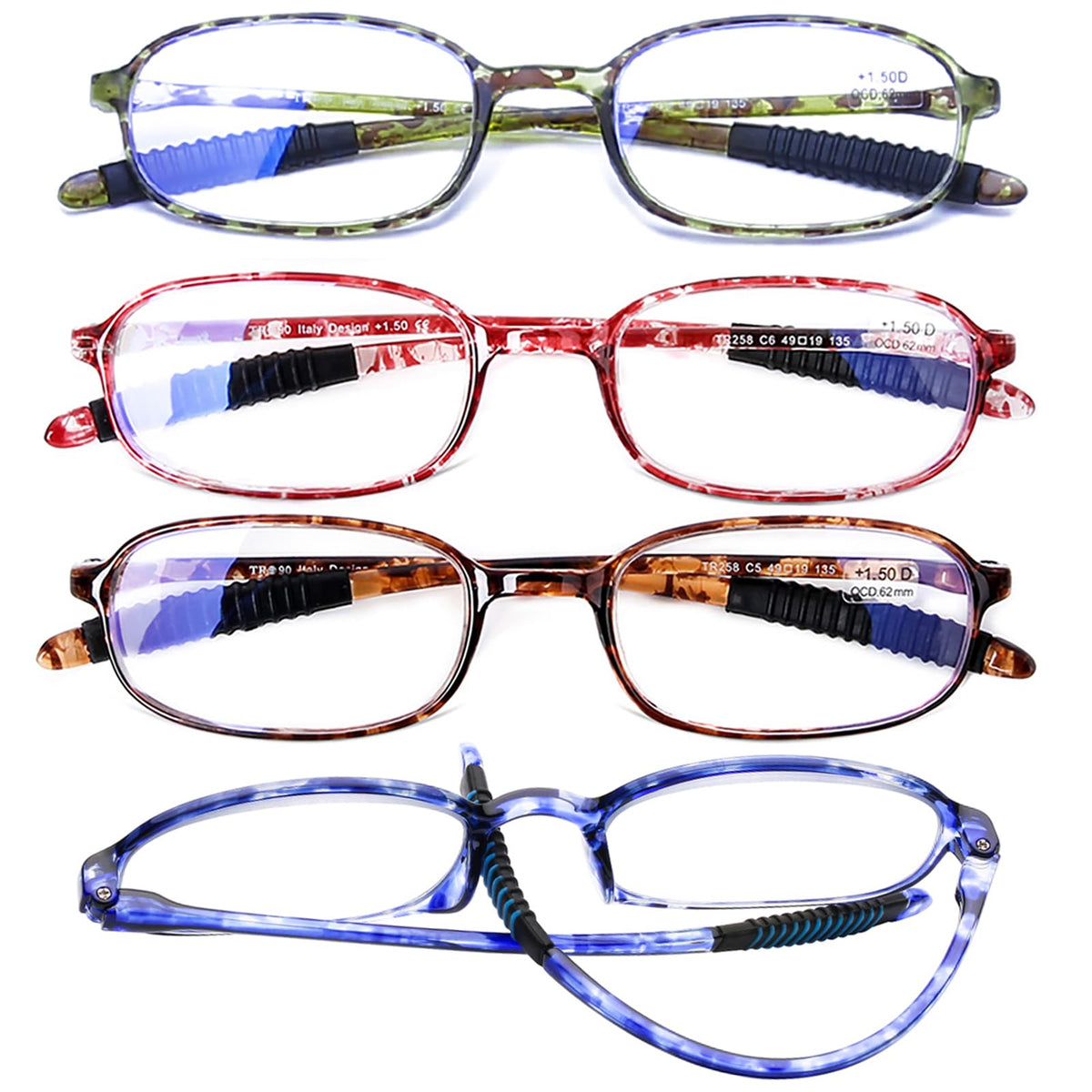 AQWANO 4 Pack reading glasses front view highlighting lightweight TR90 frame for daily wear