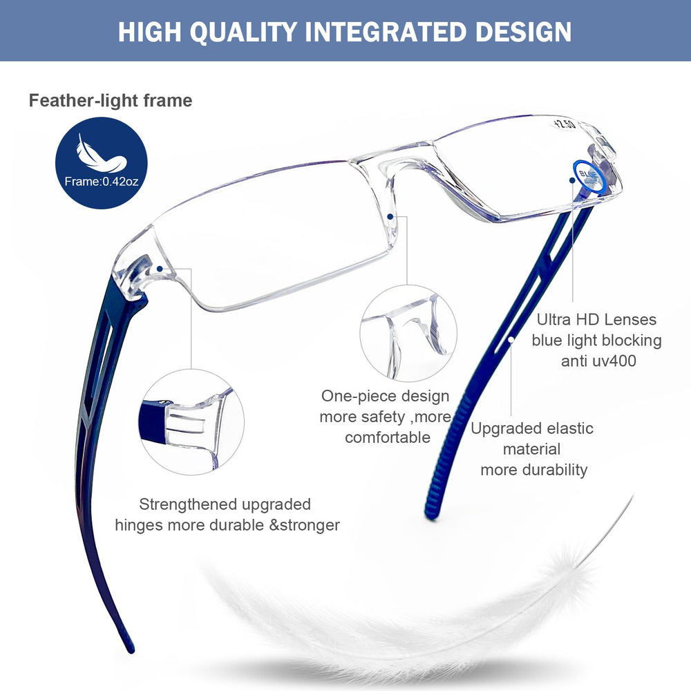 AQWANO rimless glasses weigh about 0.4 ounces for all-day wear.