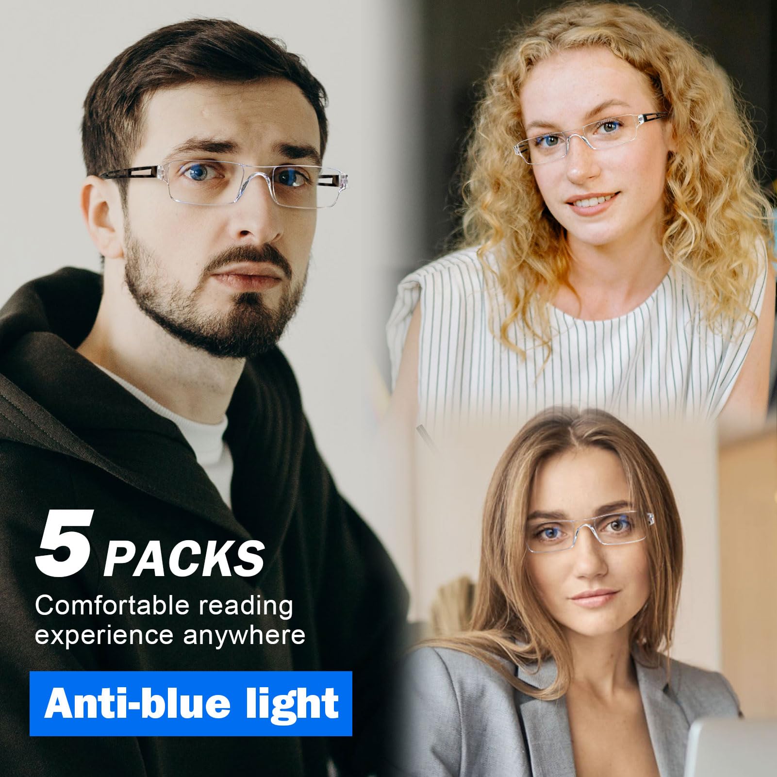 Rimless design offers modern style for work and play.