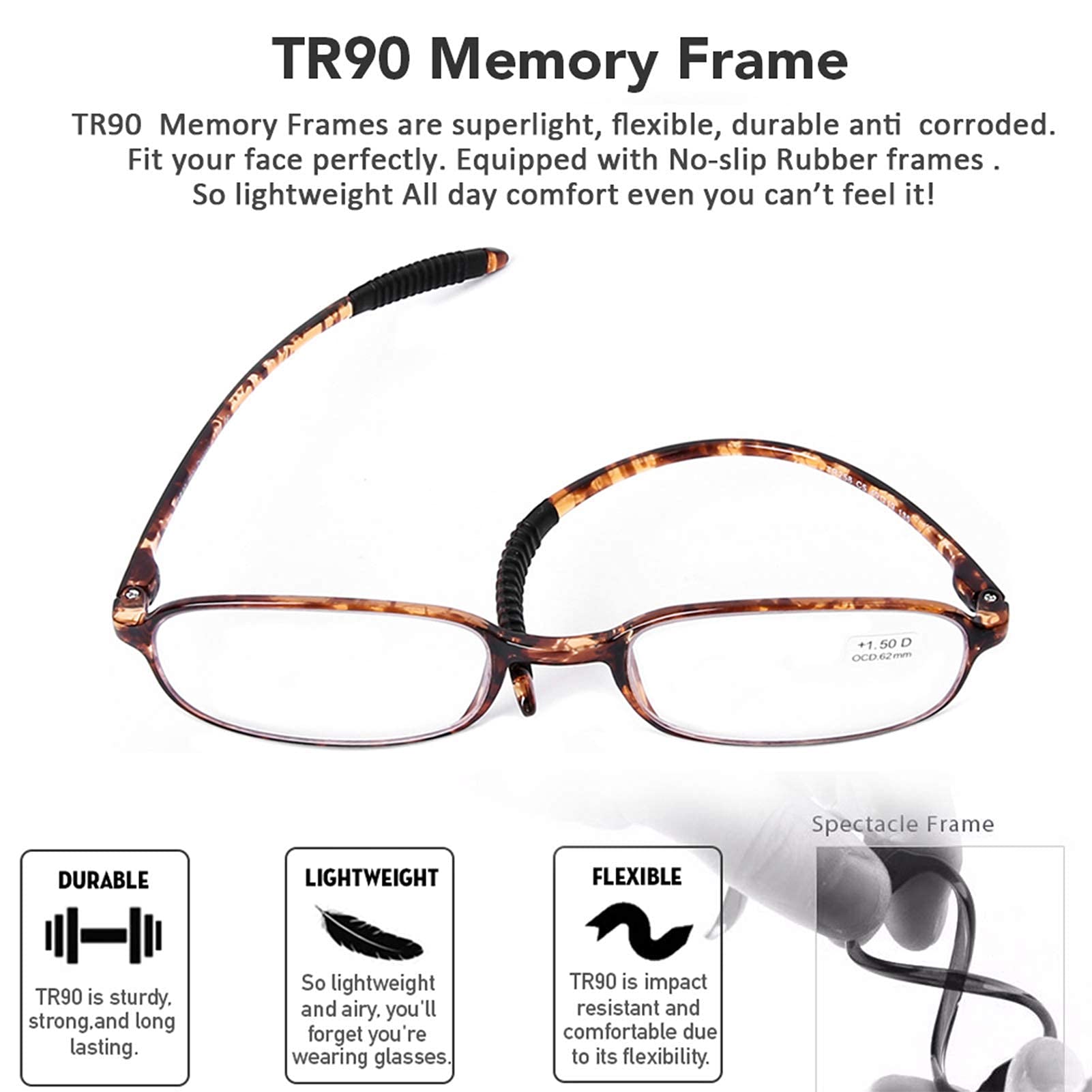 AQWANO TR90 flexible frame shown bending easily for all-day wear