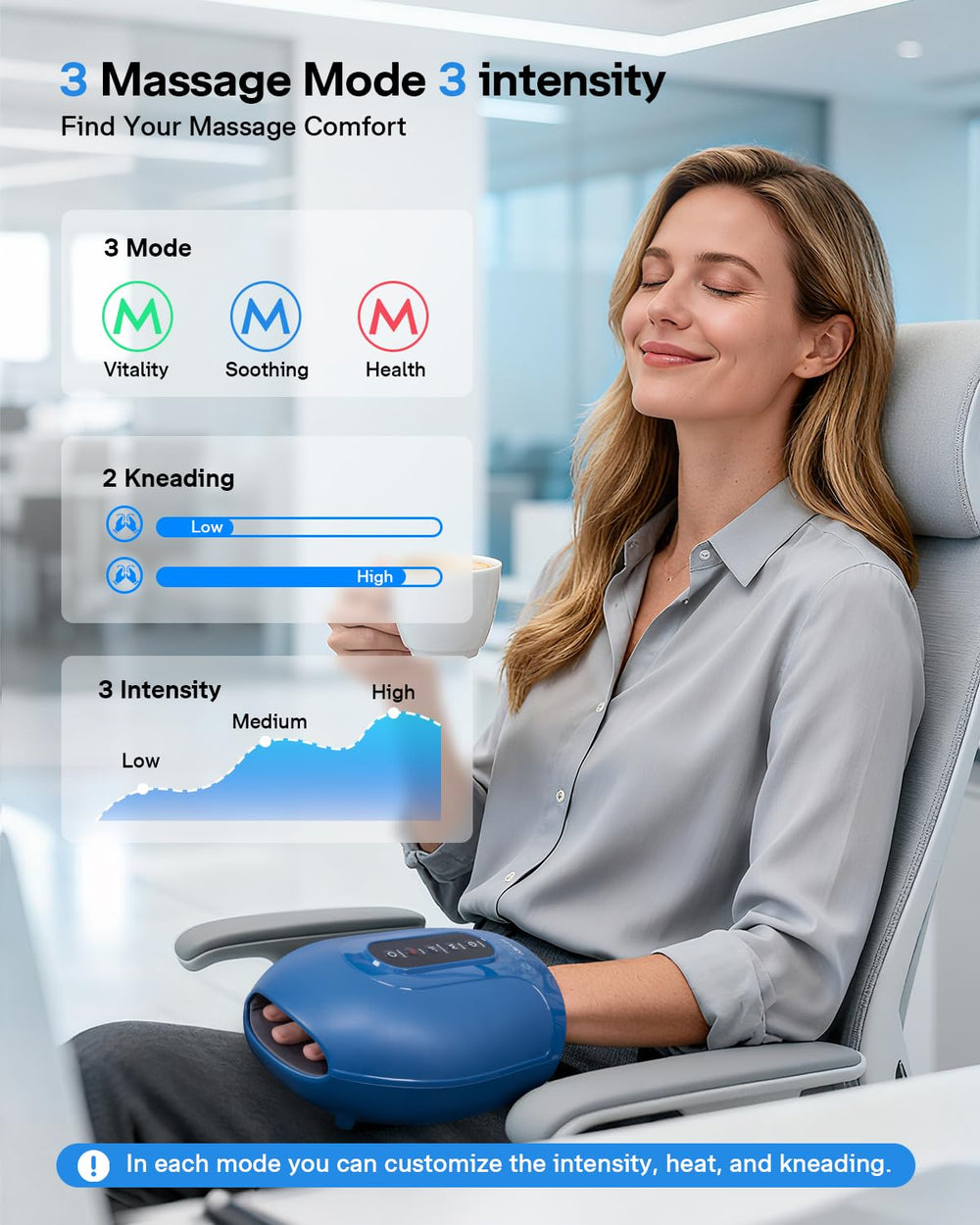 Arace cordless hand massager powered by rechargeable battery for on-the-go relief.