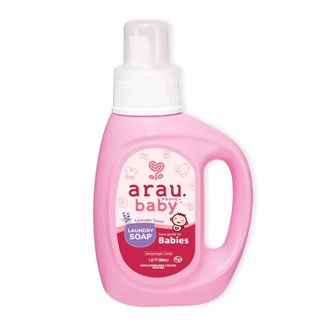 Arau Baby lavender laundry soap bottle front showing gentle plant-based formula for sensitive skin.