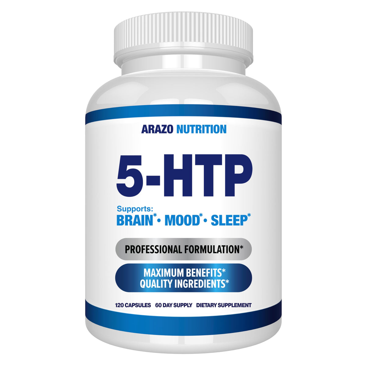 Arazo Nutrition 5-HTP Calcium bottle label shows 99% purity.