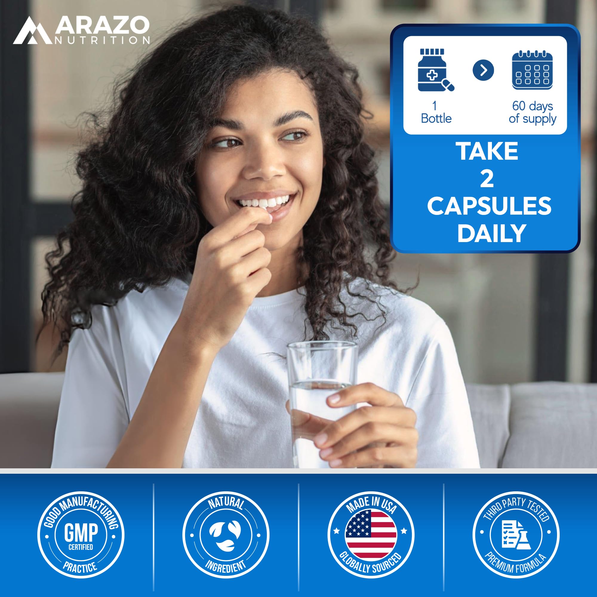 Arazo Nutrition 5-HTP Calcium bottle on nightstand.