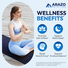 Arazo Nutrition 5-HTP Calcium packaging front emphasizes calcium-enhanced sleep.