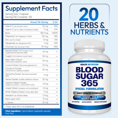 Arazo Nutrition Blood Sugar 365 bottle back reveals ingredients for energy metabolism.