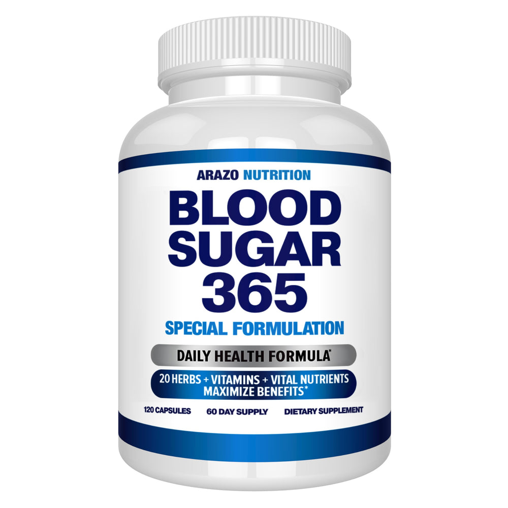 Arazo Nutrition Blood Sugar 365 bottle front showing energy-support formula.