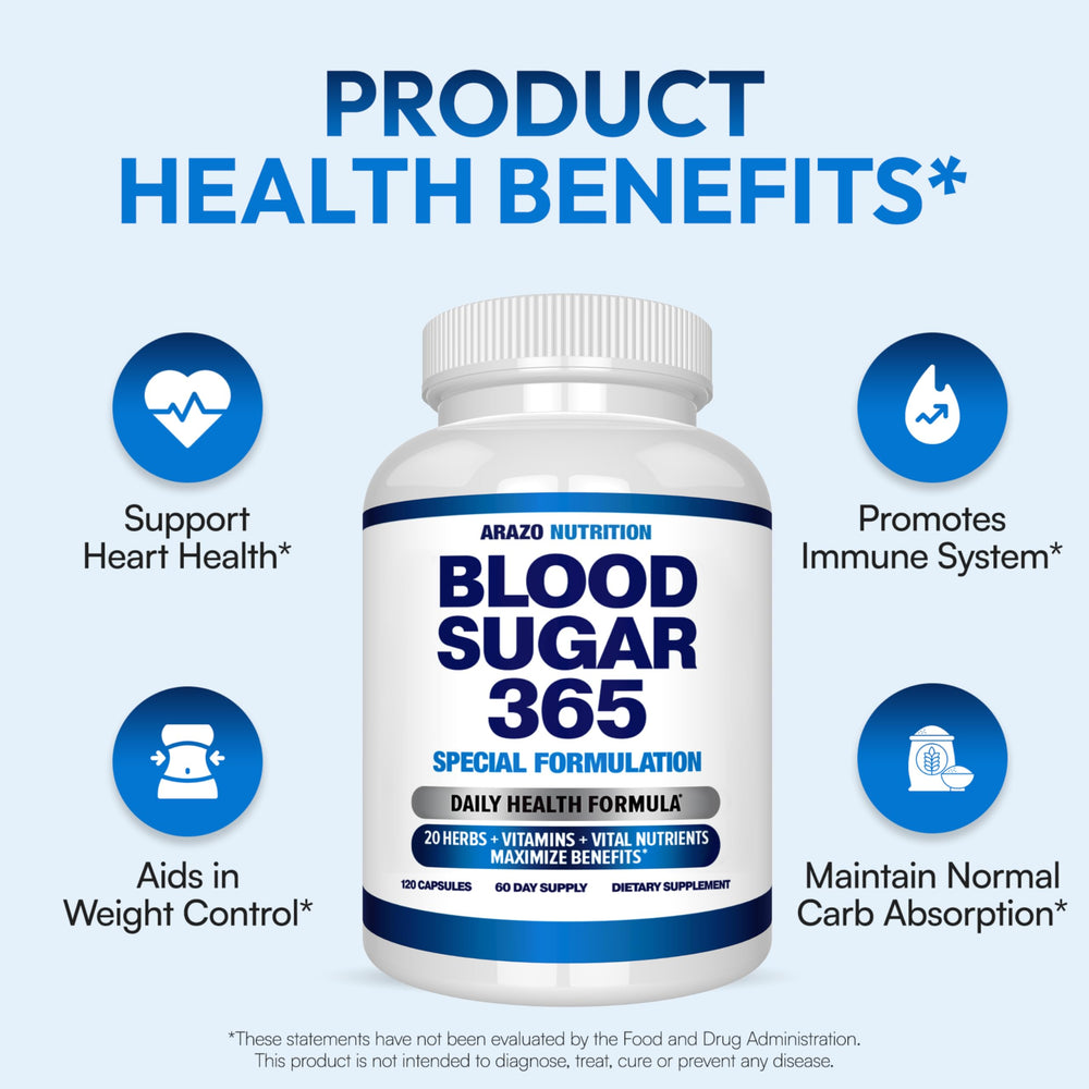 Arazo Nutrition Blood Sugar 365 capsules close-up demonstrates easy-to-swallow vegetarian pills.