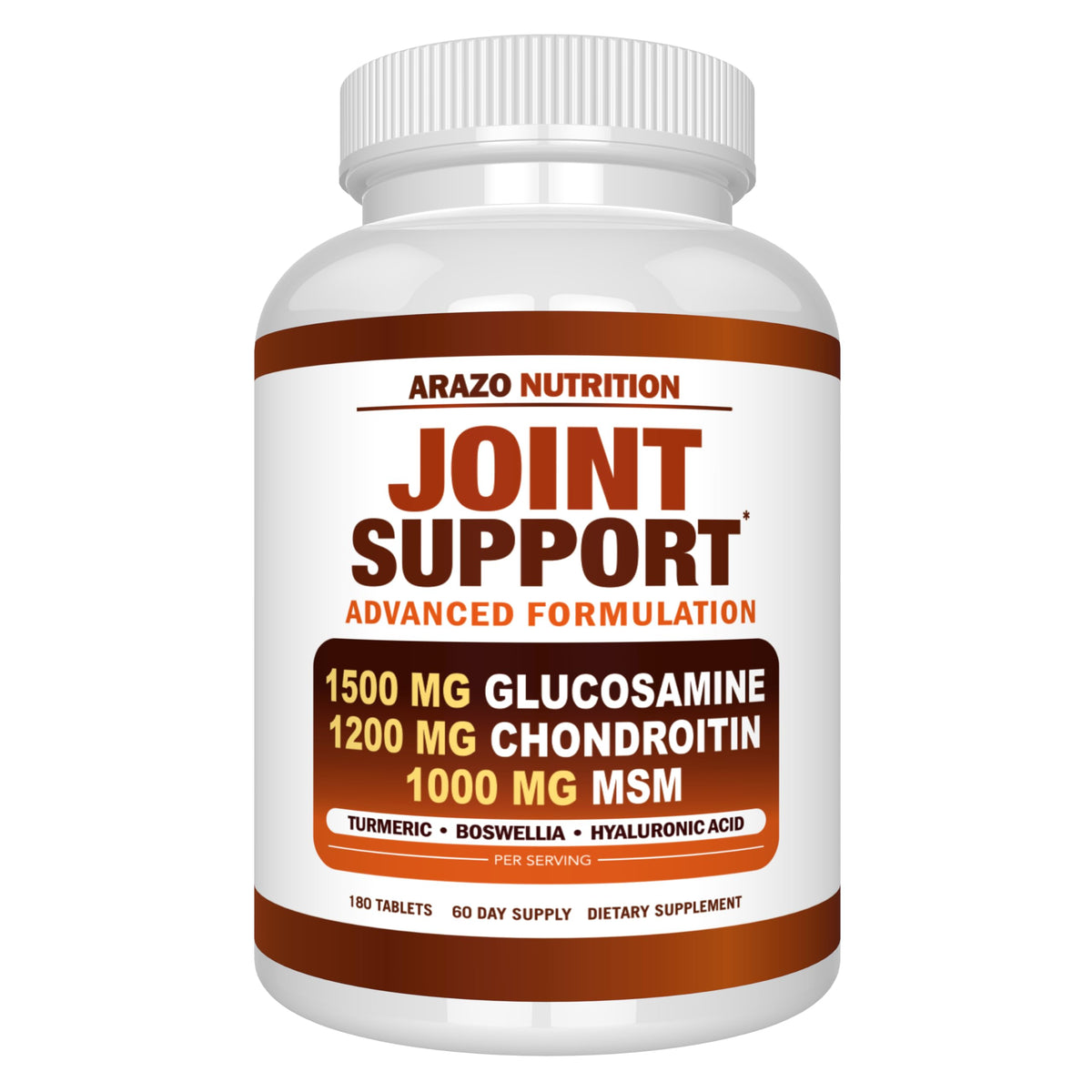 Arazo Nutrition glucosamine chondroitin turmeric msm bottle supports joint comfort.