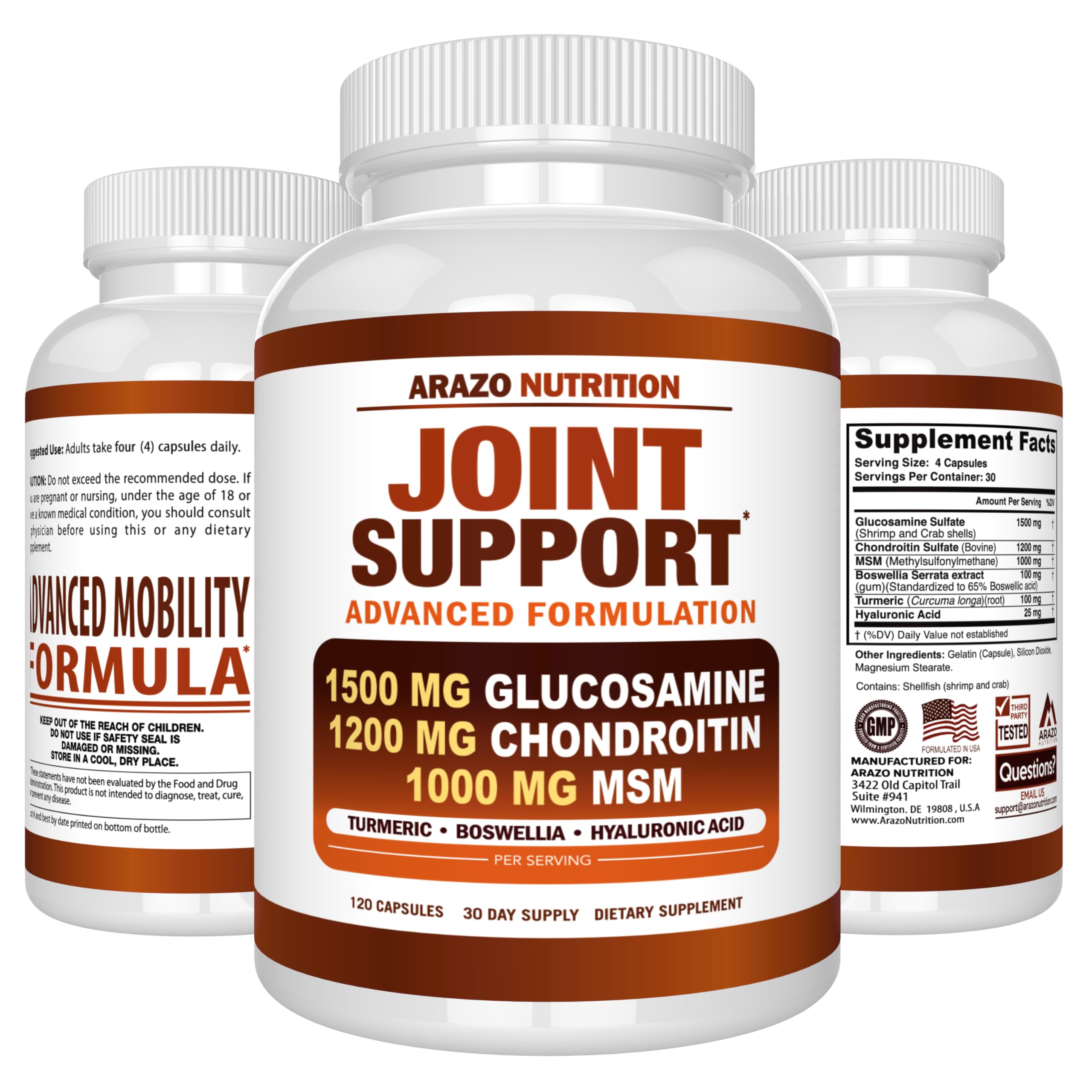 Arazo Nutrition ingredients text highlight glucosamine chondroitin turmeric msm boswellia.