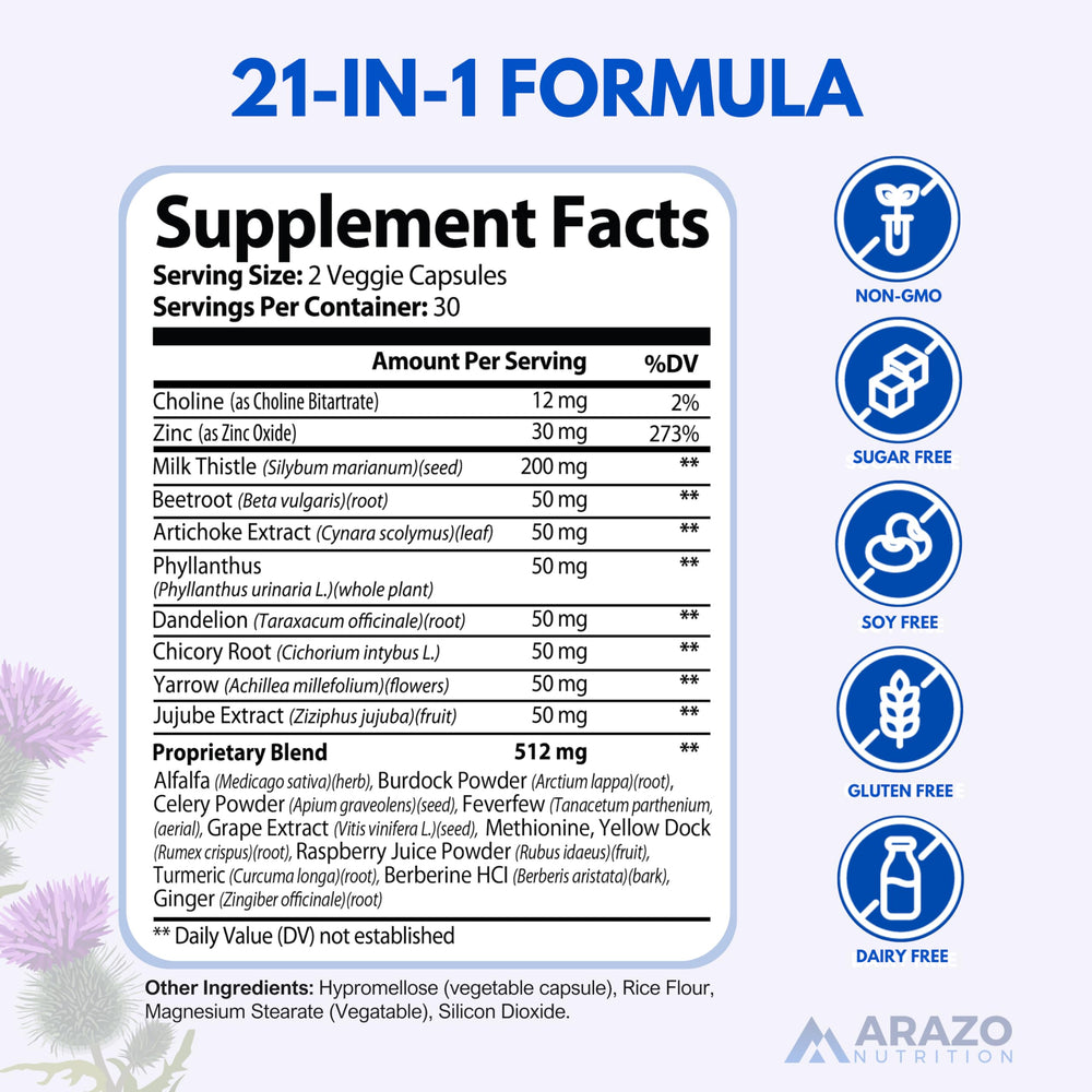 Arazo Nutrition Liver Cleanse capsules close-up highlighting milk thistle and nourishment.