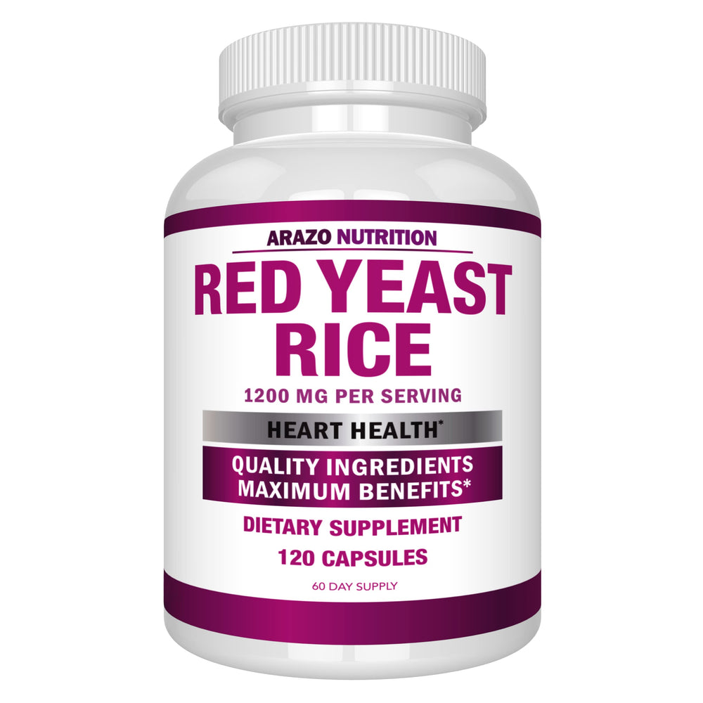 Arazo Nutrition red yeast rice bottle with 120 vegetarian capsules for daily wellness.