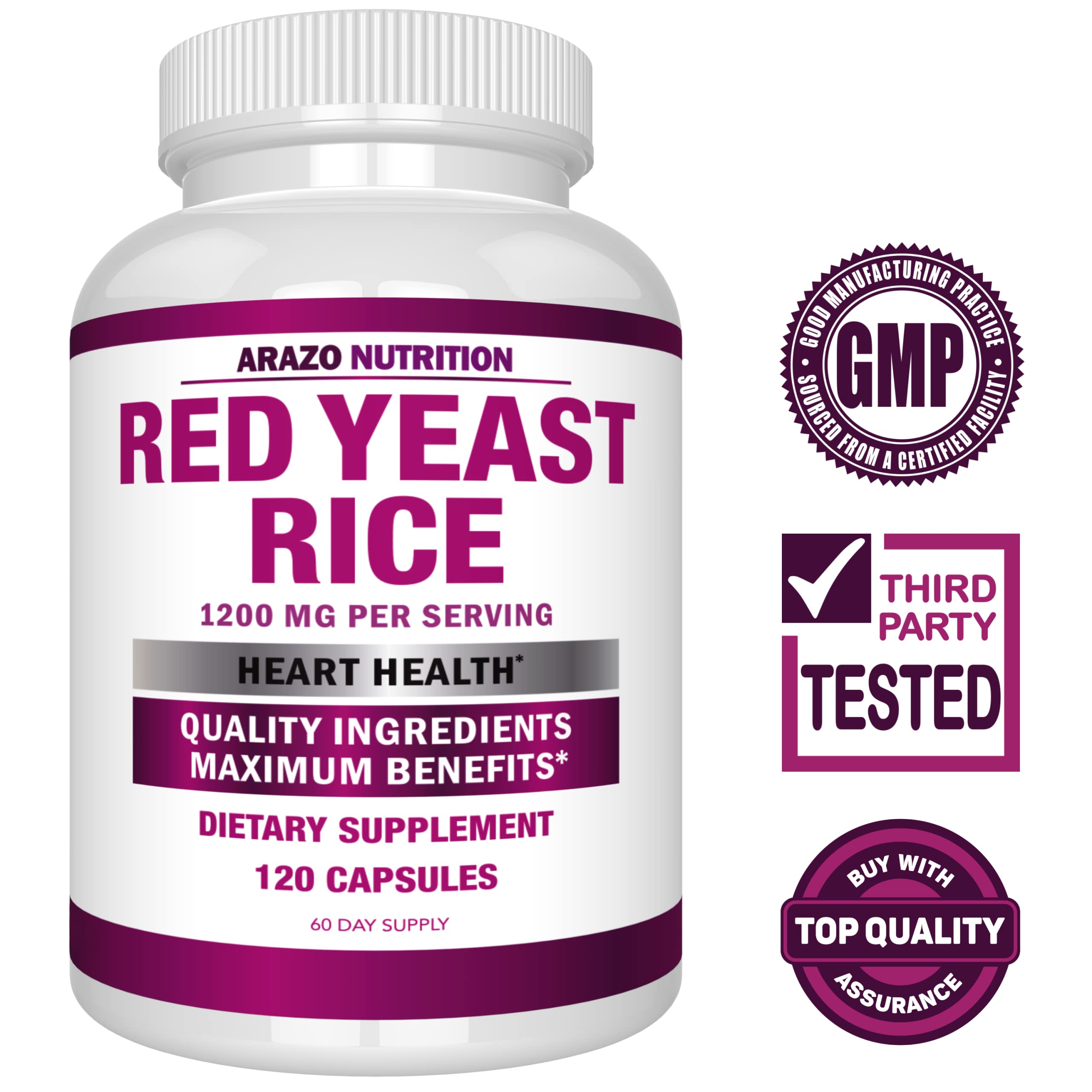 Close-up of 1,200 mg red yeast rice capsules from Arazo Nutrition.