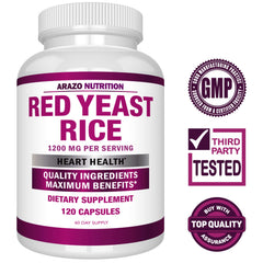 Close-up of 1,200 mg red yeast rice capsules from Arazo Nutrition.