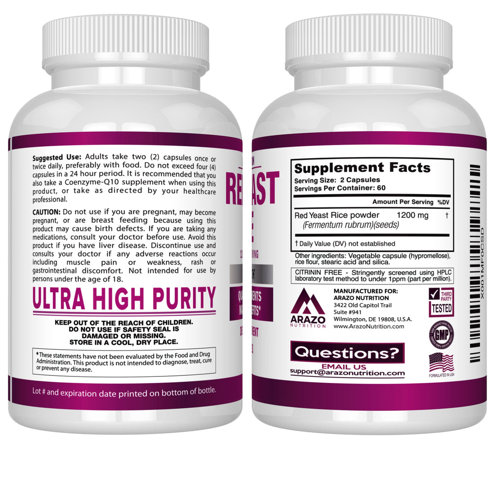 Label detail showing potency and purity on Arazo Nutrition bottle.