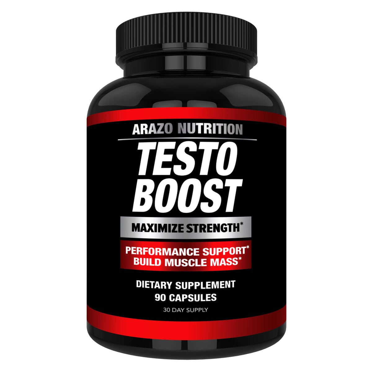 Arazo Nutrition TestoBoost bottle highlighting natural herbal blend for performance support.