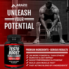 Close view of TestoBoost ingredients listing Tribulus and Epimedium for energy.