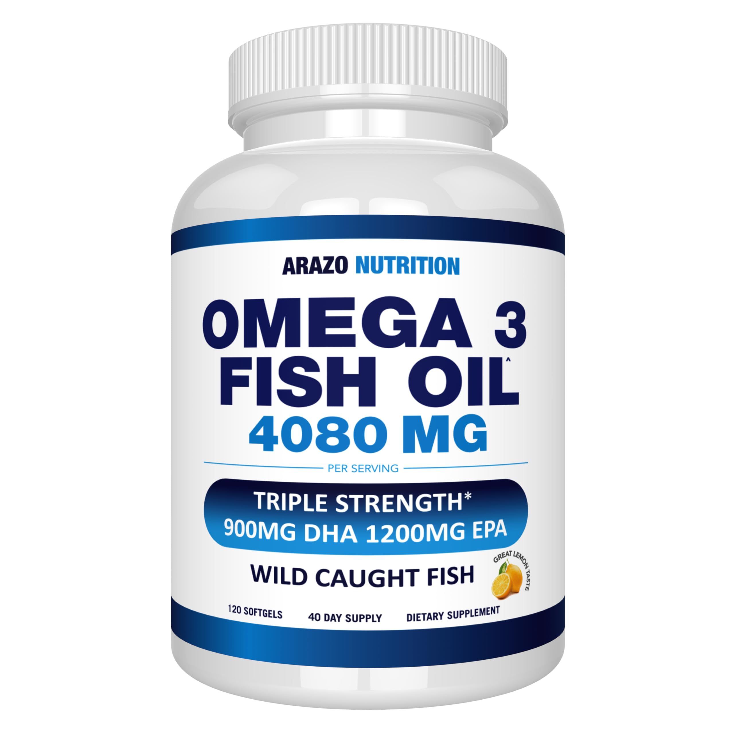 Arazo Nutrition wild-caught omega-3 lemon bottle showing burpless softgels for easy swallowing