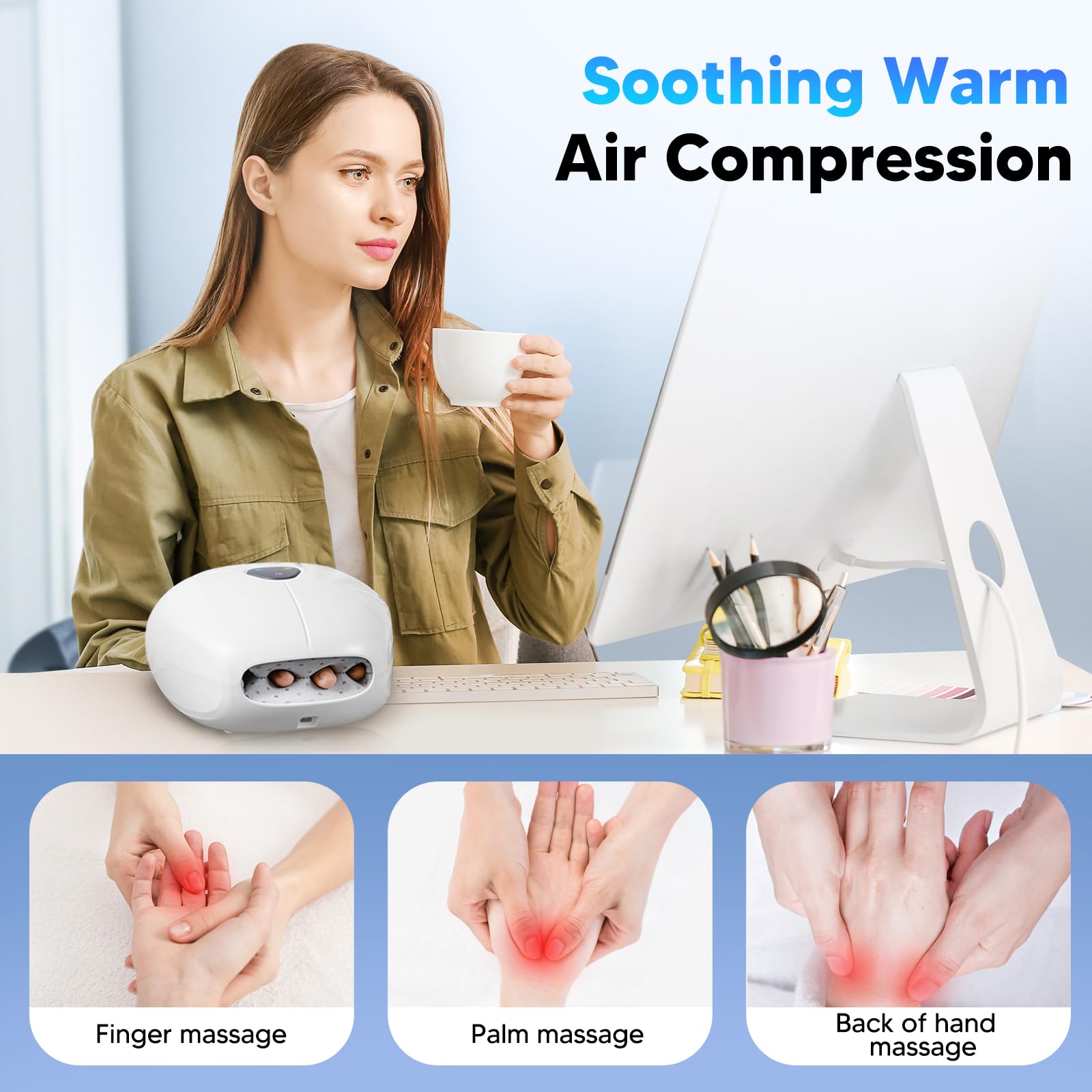 Arboleaf Hand Massager shows adjustable heat settings for personalized comfort.
