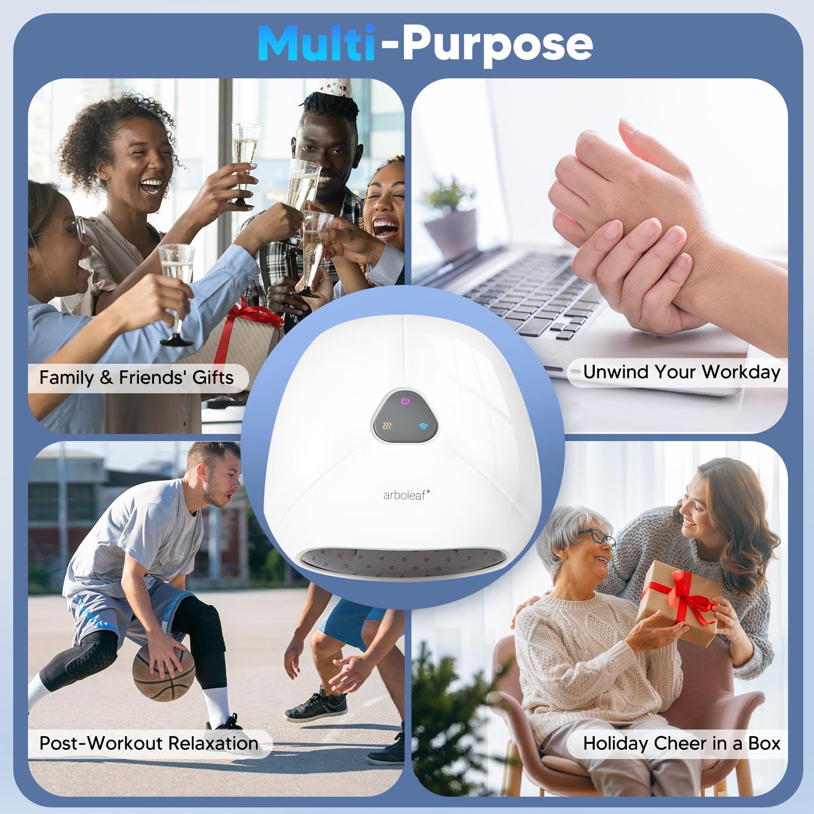 Cordless Arboleaf massager design for use anywhere, on the go.