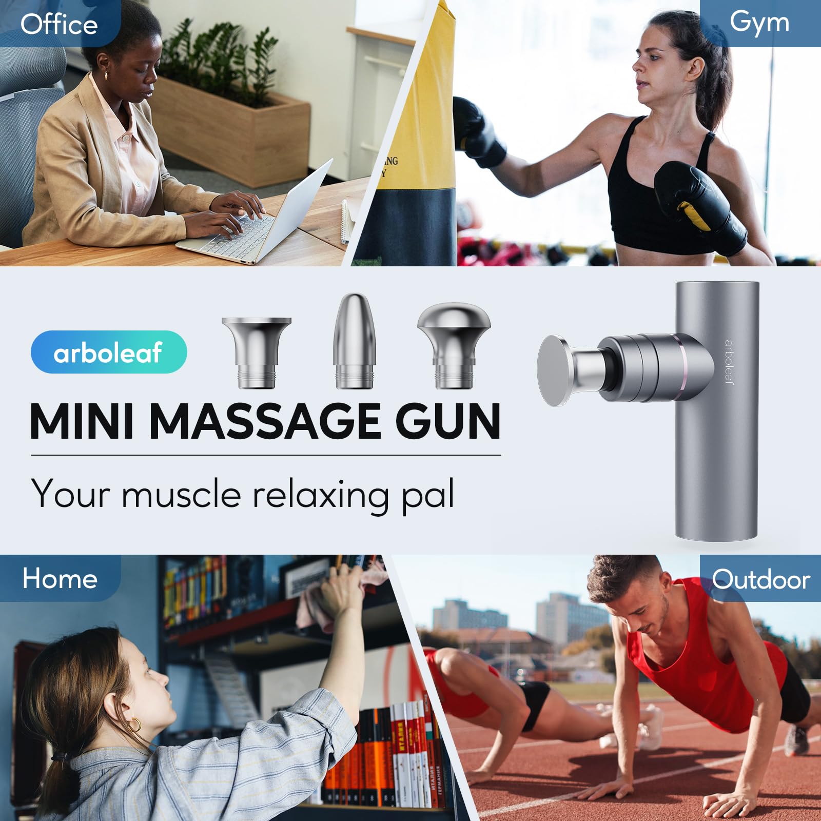 arboleaf massage gun aluminum heads targeting shoulders neck and legs